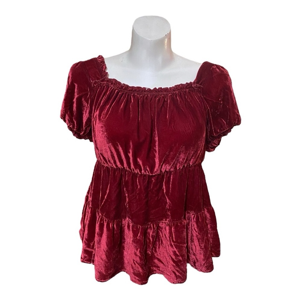 Torrid Red Velvet Tiered Smocked Blouse with Short Sleeves Size 1X
